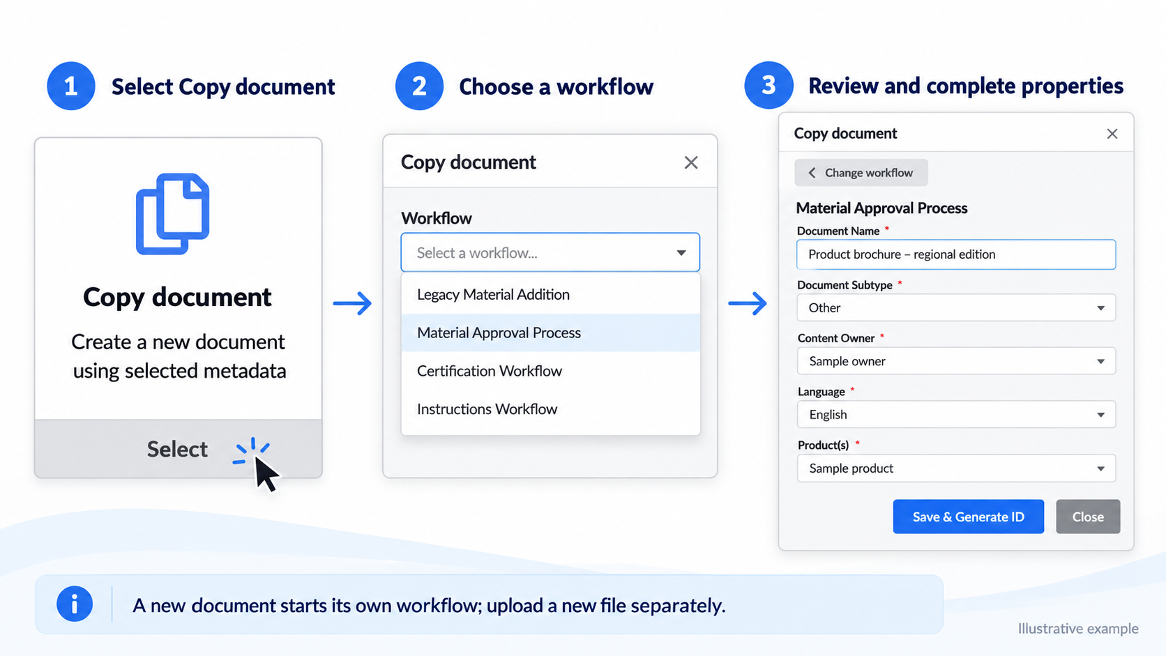 Copy document: select the action, choose a workflow, and review properties